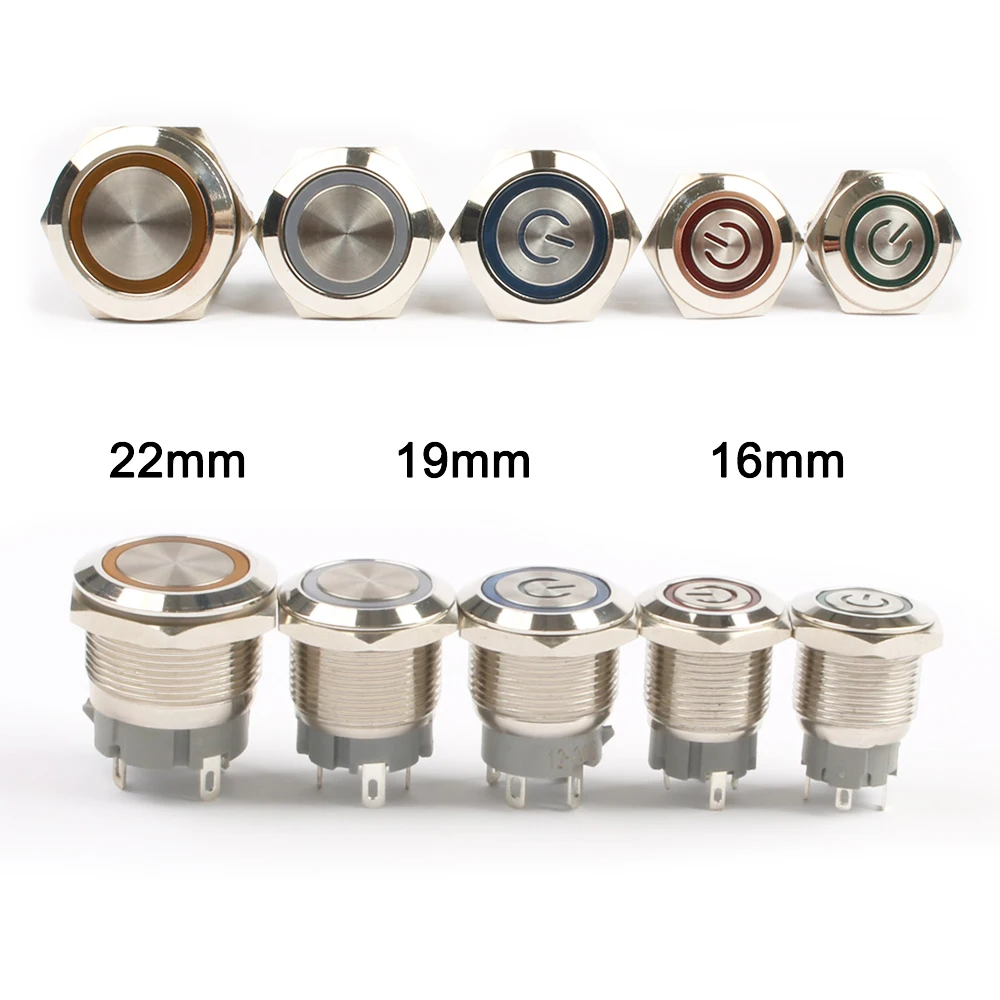 4 pin 16mm 19mm 22mm metal short push button switch waterproof latching/momentary 12V 24V 3V 6V 110V 220V small for Car