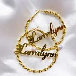 4-8cm Stainless Steel Bamboo Hoop Earrings Customize Name Earrings Bamboo Style Custom Hoop Earrings Swirl Earrings Name Gift