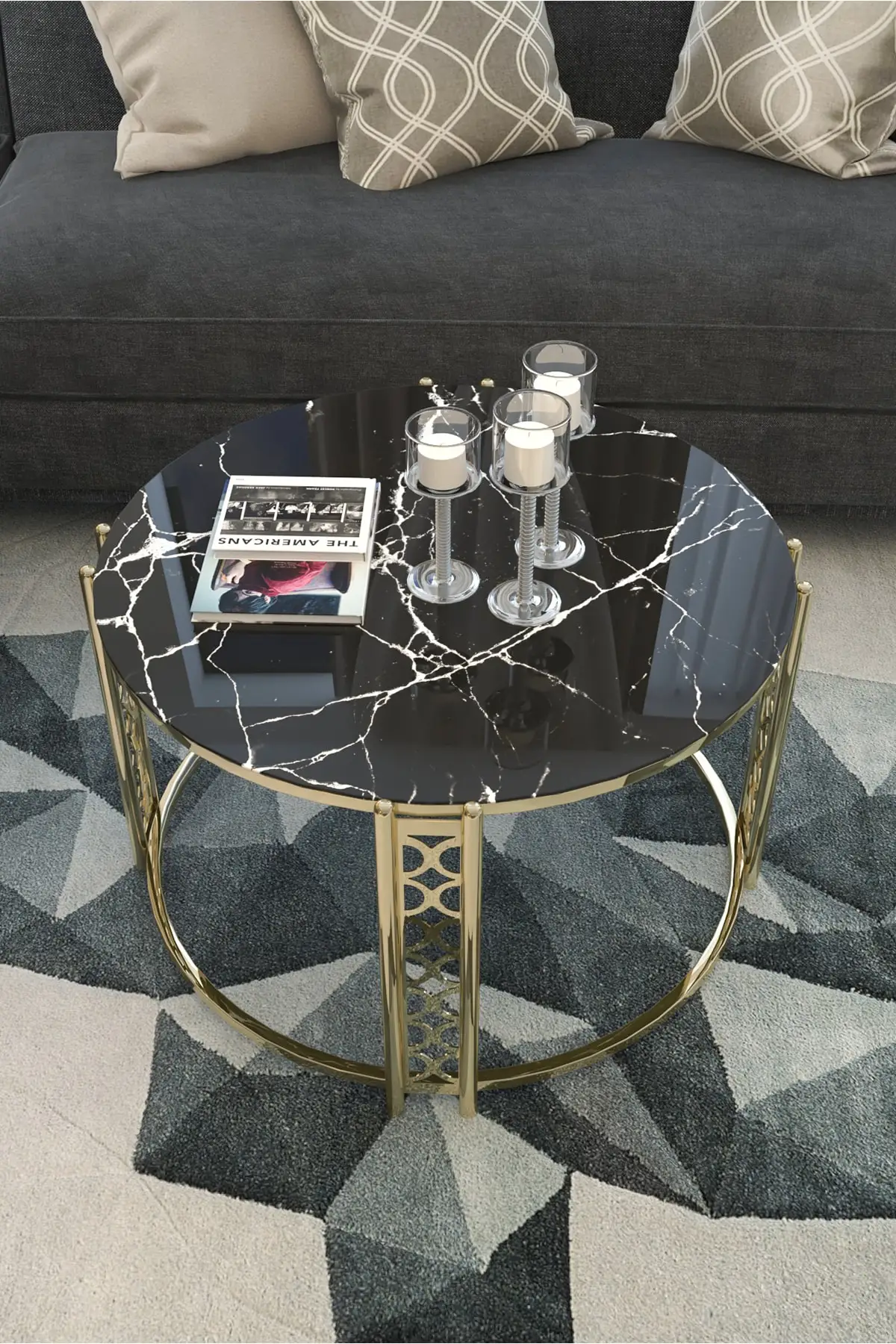 Black Marble Pattern Barlas Lux Stylish Gold Medium Coffee Table