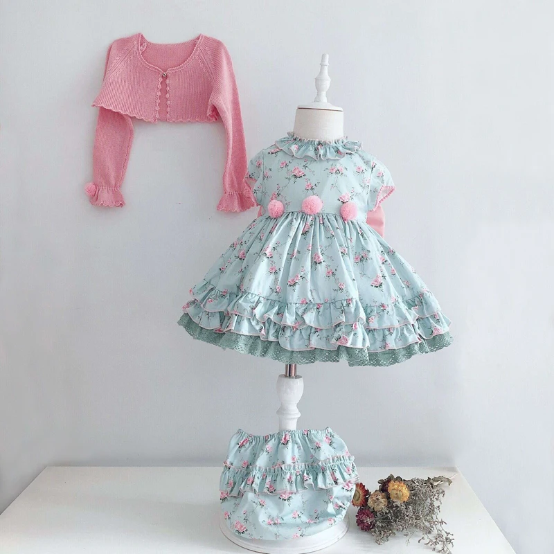 Summer Spanish Girls Floral Sweet Lolita Princess Quality Dress Girls Wedding Party Eid Dress Girls Christmas Dress 3pcs Set