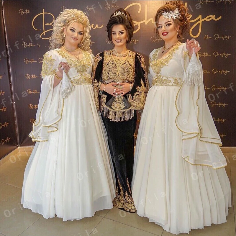 Traditional Kosovo Albanian Caftan Evening Dresses 2021 Handmade Beads Long Sleeves Gold Applique Vestidos Formales Prom Dress