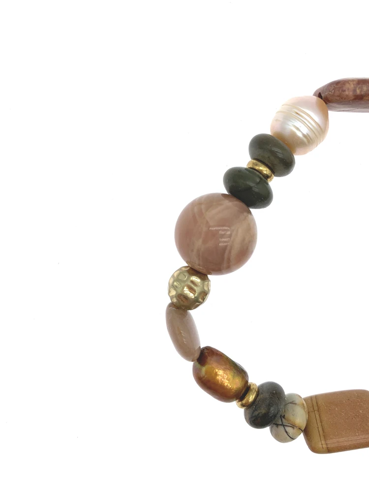 FoLisaUnique Sunstone Jasper Baroque Pearl Stick Pearl Bracelet Hammered Gold Plated Beads Stretchy For Women Gift 7.5 Inch