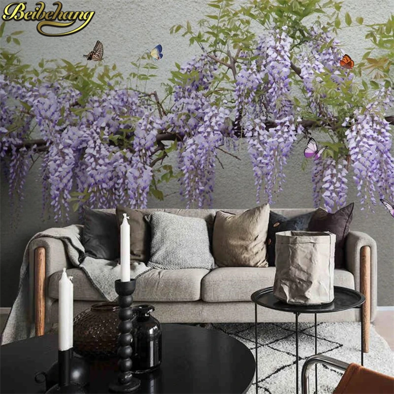 beibehang custom photo mural wallpaper roll Wisteria flower butterfly Wall Painting Living Room TV Sofa Bedroom Wedding House 3D