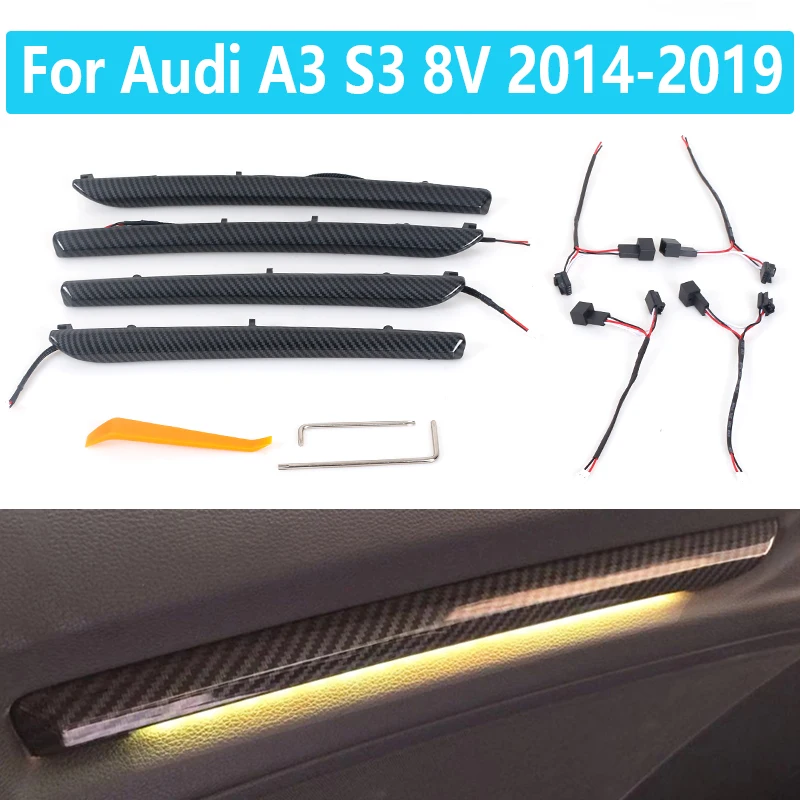 4Pcs car door LED lampshade For Audi A3 S3 8V 2014-2019 decoration carbon fiber color car interior atmosphere light decoration