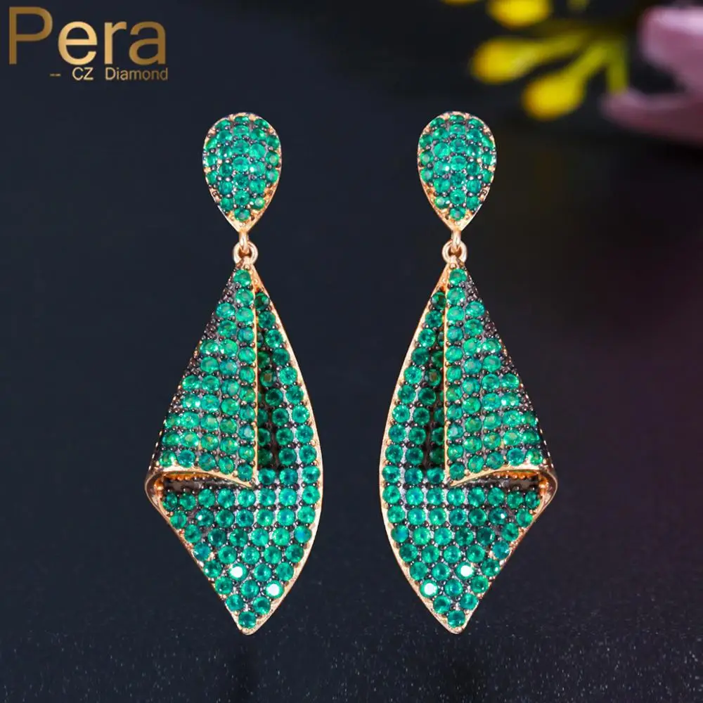 

Серьги-подвески Pera Lovely с зелеными кубическими циркониями, длинные, золотистого цвета, геометрической формы, для женщин, модные украшения для выпускного вечера E649