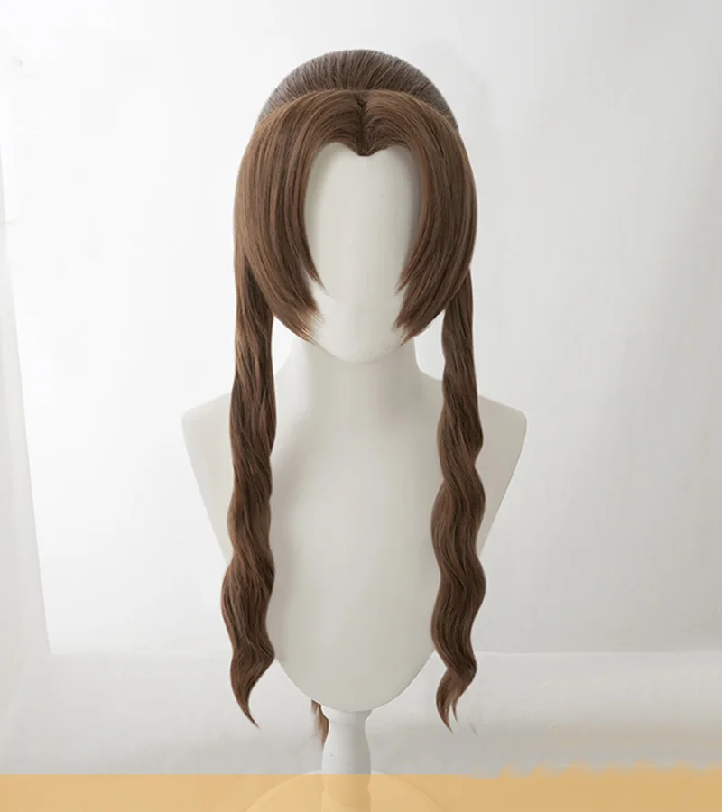 Traje cosplay cabelo sintético resistente ao calor para mulheres, Final Fantasy VII, Aerith Gainsward, perucas longas tranças marrons, boné