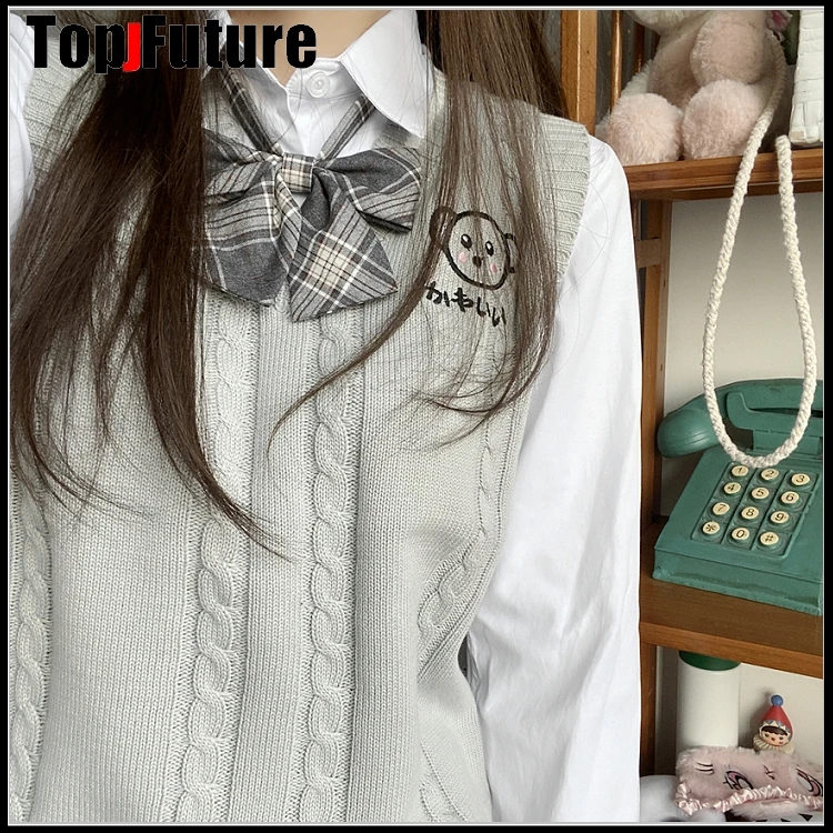 Grey Japanse Jk Uniform Gebreide Vest Trui Schooluniform Vesten Jk Uniform Wit Panda Borduren Trui