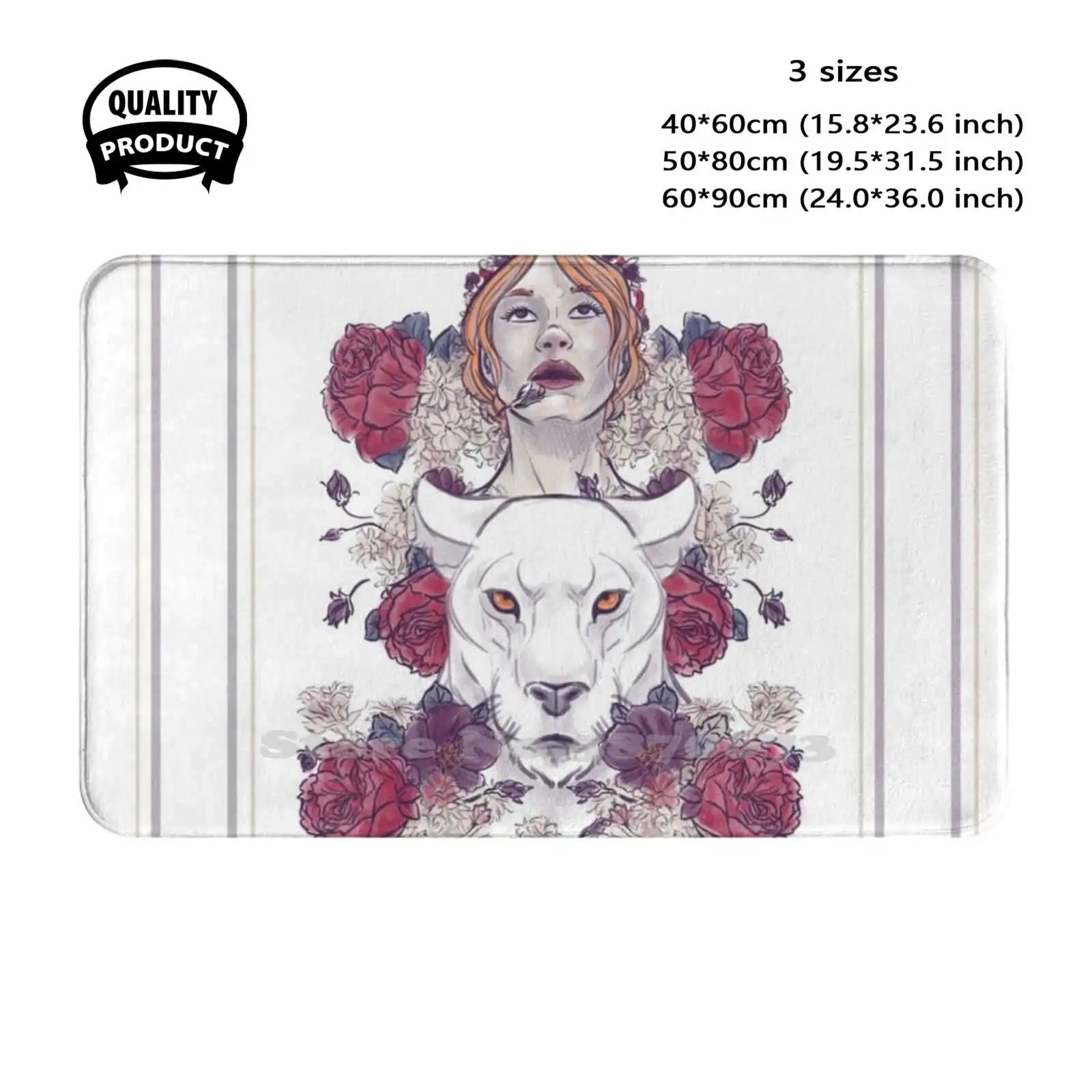 Gentle Lioness Soft Cushion Home Carpet Door Mat Car Rug Lioness Roses Flowers Floral Pattern Inner Strength White Lion Redhead