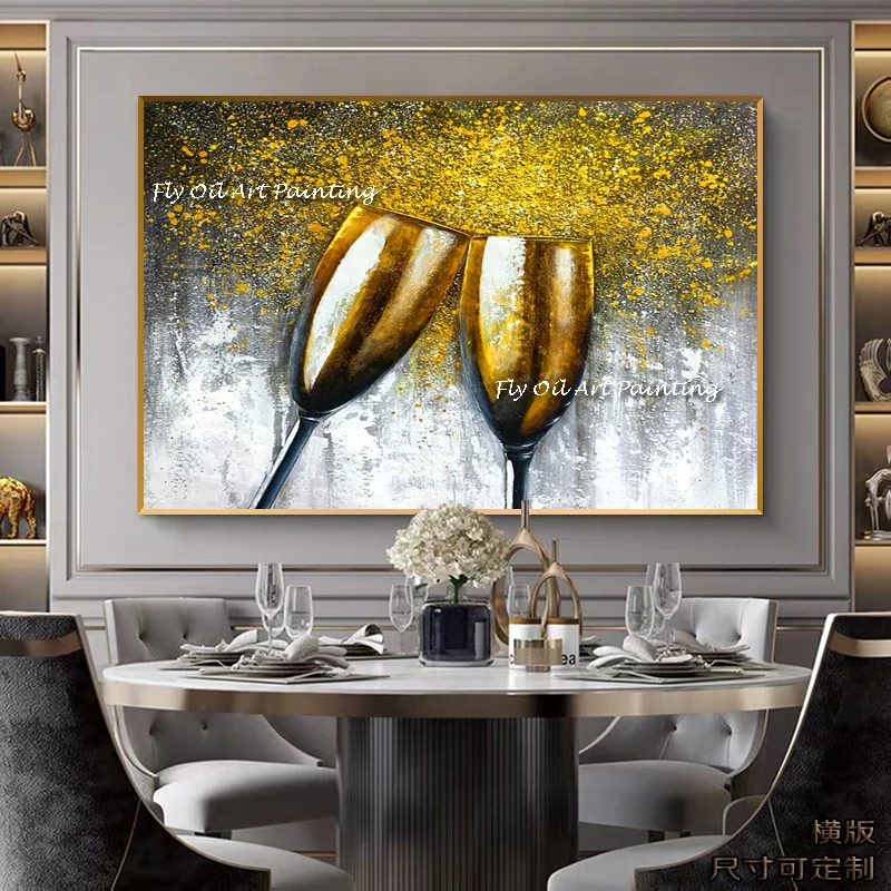 Modern  100% Handmade Romantic Gold Wine Glass  Abstract Canvas Art Wall Picture for Gallery Dining Room Bar Home Decor