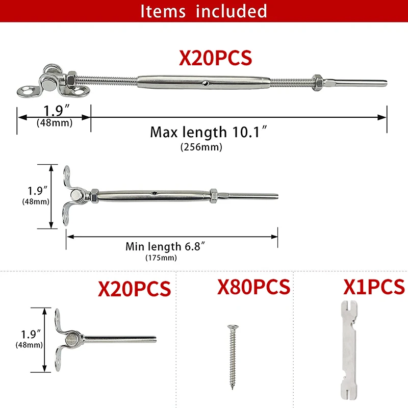 Juego de 20 barandillas de cables, tensor de palanca Swage de 1/8 ", ángulo de Hardware 180 ° Acero inoxidable T316 ajustable para poste de madera