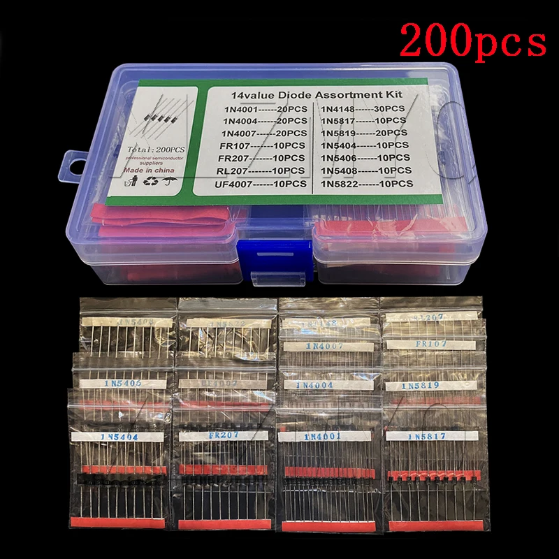 200pcs/Box Fast Switching Schottky Diode Assorted Kit 1N4001 1N4004 1N4007 1N5408 UF4007 FR207 1N5817 1N5819 1N5822 1N4148 RL207