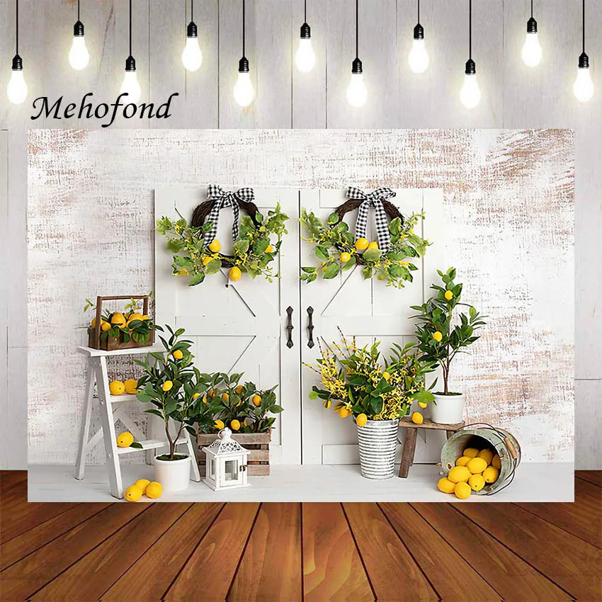 Mehofond Photography Background Lemon Yellow Wooden Door Girl 1st Birthday Cake Smash Portrait Decoration Backdrop Photo Studio