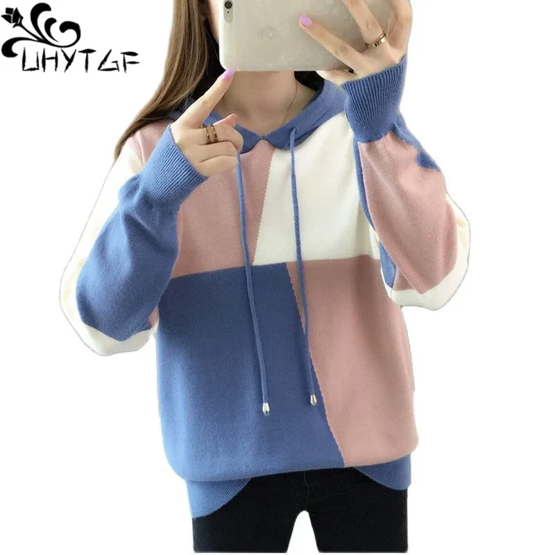 

UHYTGF Oversized Hoodie Women Clothes Fashion Color Matching Pullover Student Spring Autumn Sweatshirts Thin Loose Size Coat2288