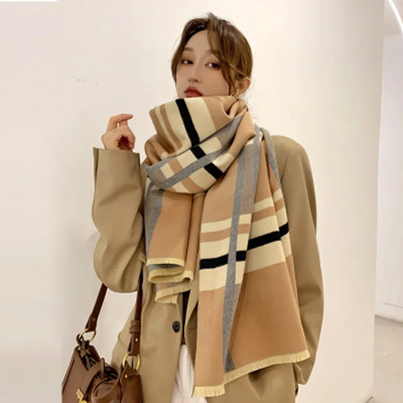 

2020 Winter Scarf Women Fashion Cashmere Pandana Double Side Striped Knitted Hair scarf Luxury brand Warm And thickend Shawl