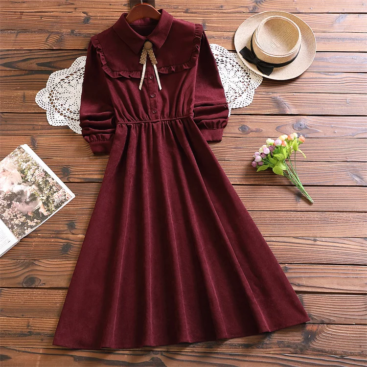 Mori girl elegant solid dress autumn winter fashion long sleeve dress for women