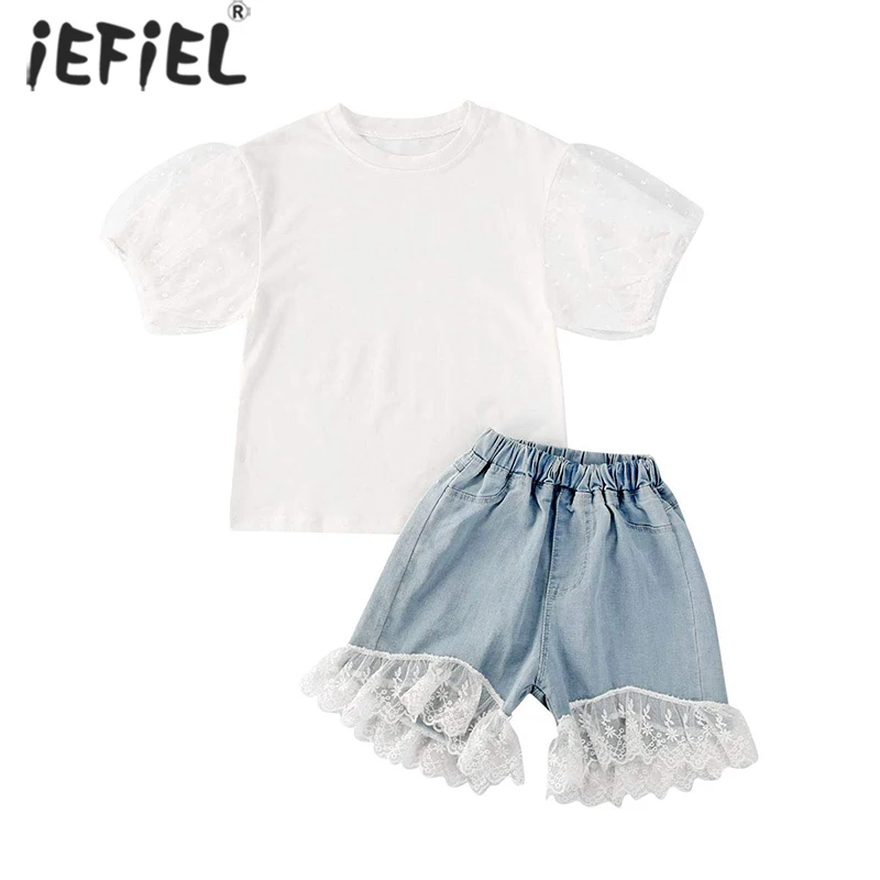 

Summer Girls Clothing Sets Mesh Lace Puff Sleeve T Shirts Tops+Lace Tassel Denim Shorts 2PCS Suit Kids Outfits Children Clothing