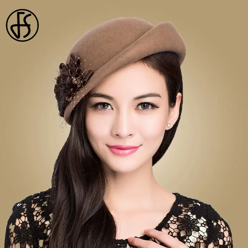 

FS Elegant 100% Wool Beret French Women Hats Winter Black Fedora Church Hat Wedding Ladies Felt Flower Caps Pillbox Hat Chapeau