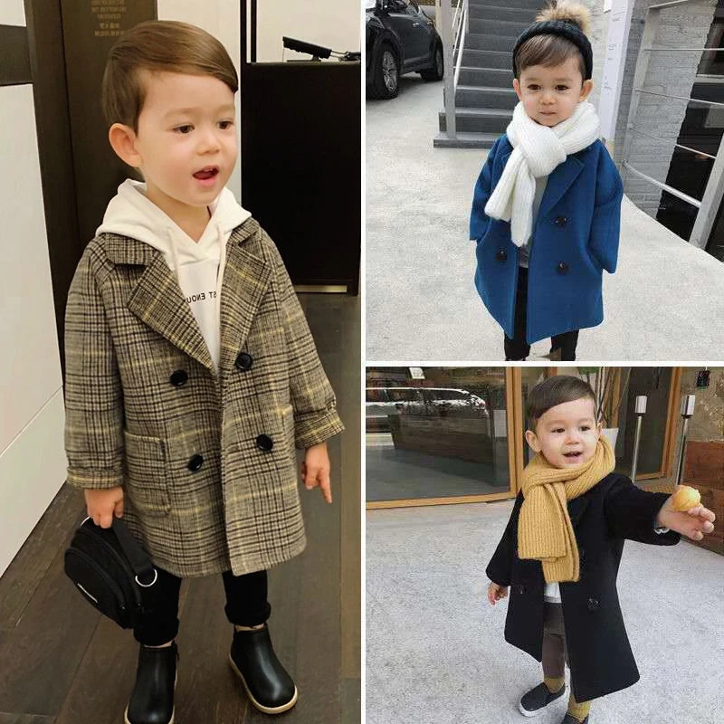 Winter Grid Jackets Boys Girls Woolen Double-breasted Baby Boy Trench Coat Lapel Autumn Kids Outerwear Coats Wool Coat Overcoat