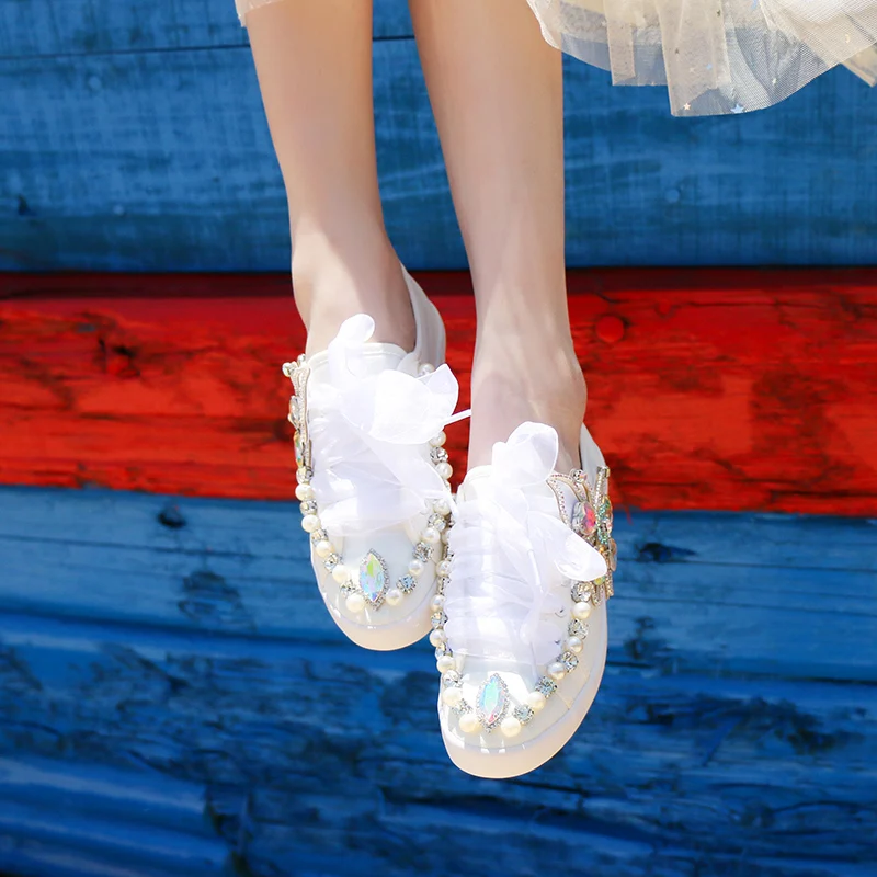 AB Gem-Baskets Citroën en Toile pour Femme, Chaussures Canisées Blanches avec Perles, Tennis Décontractées