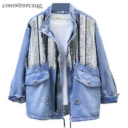 2021 New paillettes giacca di Jeans donna Bomber moda maniche lunghe cappotti Vintage Hippie Jeans giacca Colete Ropa De Mujer