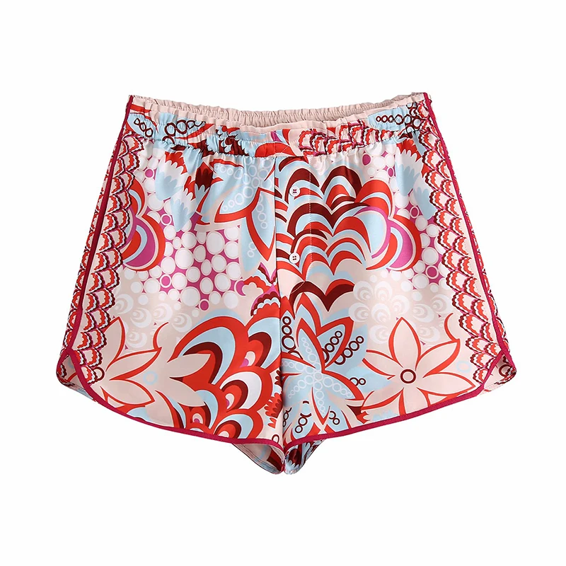 Vintage Women Satin Shorts 2021 Summer Fashion Ladies Soft Peacock Print Shorts Casual Female Chic Bottoms Boho