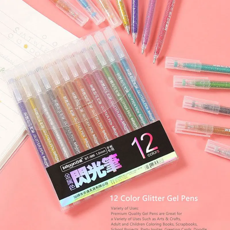 12 Colors Highlighter Pen Set Cute Glitter Color Gel Pen Painting Writing Tool For Girl Kids Gifts DIY School Art Stationery