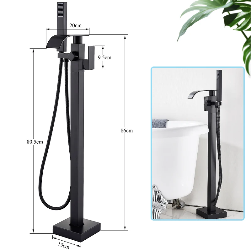 Black Bathtub Shower Faucet Bathroom Brass Square Floor Standing Bathtub Faucets Waterfall Hot Cold Water Mixer Tap