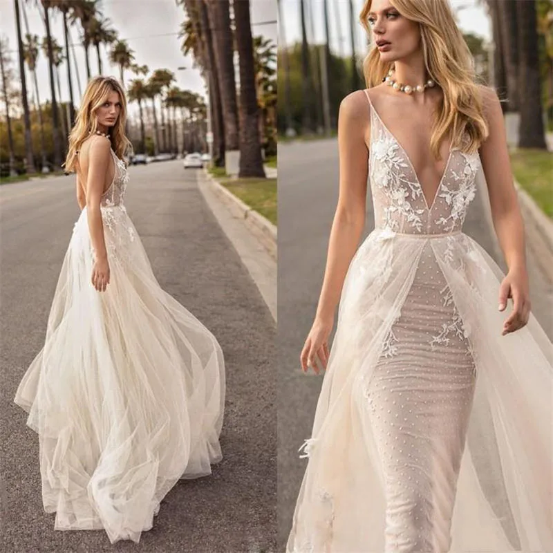 Mermaid Trouwjurken Goedkope Backless V-hals Lace Bridal Jurk Boho Plus Size Strand Land Bruidsjurken Afneembare Staart