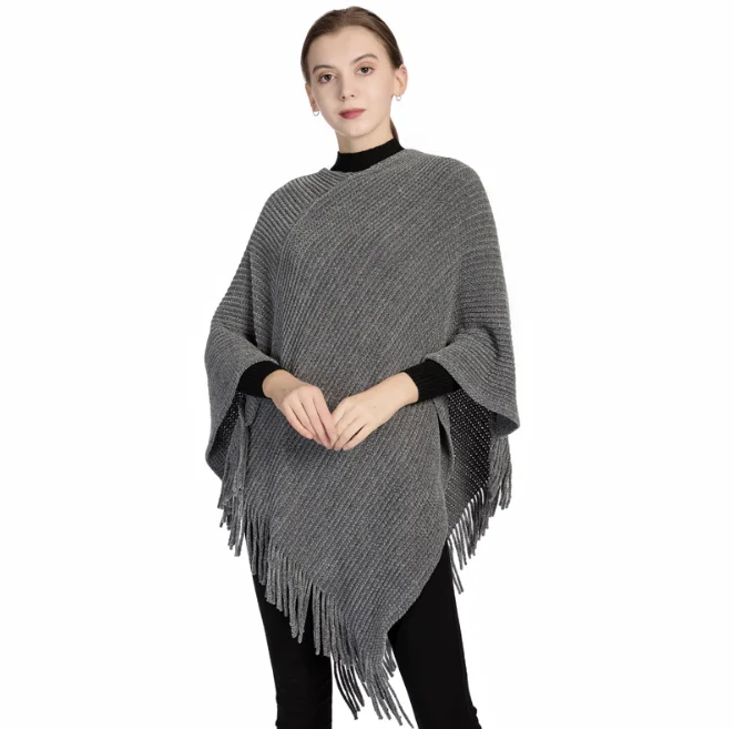 

Chenille Knitted Shawl Women's Autumn Winter New Warm Tassel Silver Silk Pullover Cloak Girl's Outdoor Sweater Coat