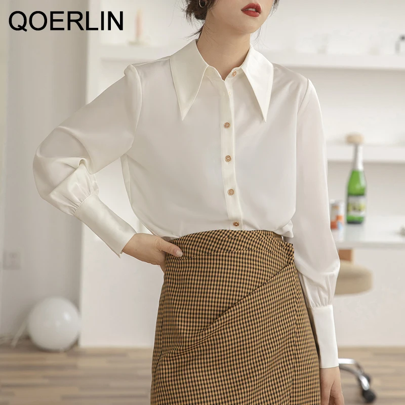 QOERLIN OL Stylish Satin White Shirt Elegant Formal Blouse Luxury Women Shirts Buttons Cuff Long Sleeve Office Tops Black Blouse