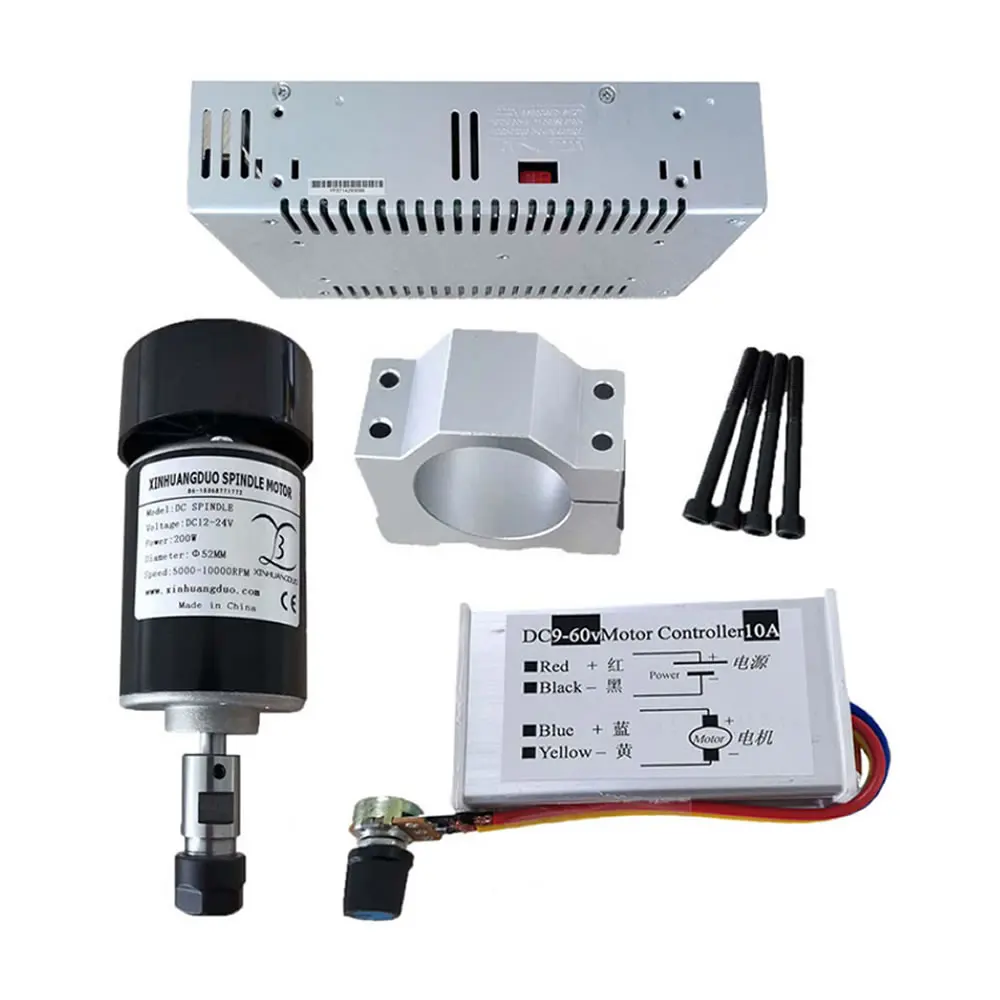 Imagem -02 - Refrigerado Motor do Eixo Máquina Cnc Faça Você Mesmo Regulador de Alimentação Pulso 0.2kw 200w 52 Milímetros Clamp 24v 10000rpm 280 Milímetros ar