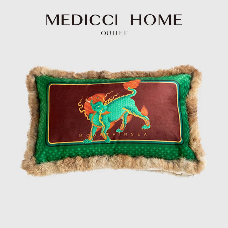 

Medicci Home Kylin Pattern Cushion Covers Fringed Inspired From The Classic Of Mountains And Seas Lush Velvet Lumbar Pillow Case