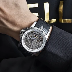 OBLVLO Luxury Mens Automatic Watches Rose Gold Skeleton Watch Brown Leather Strap Wterproof Watch Relogio Masculino RM-T