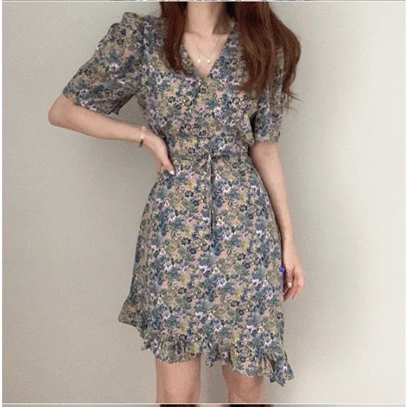 S-XL 2020 New New Summer Dress Girls Boho Party Female Vintage Dress chiffon Print short Sleeve Women Dresses Robe Vestido