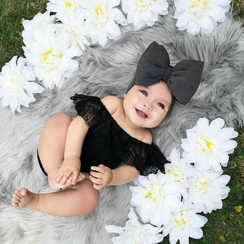 2024 Sweet Black Bodysuit 2pcs Newborn Baby Girl Clothes Off Shoulder Lace Ruffle Jumpsuit Playsuit+Headband Summer Outfit