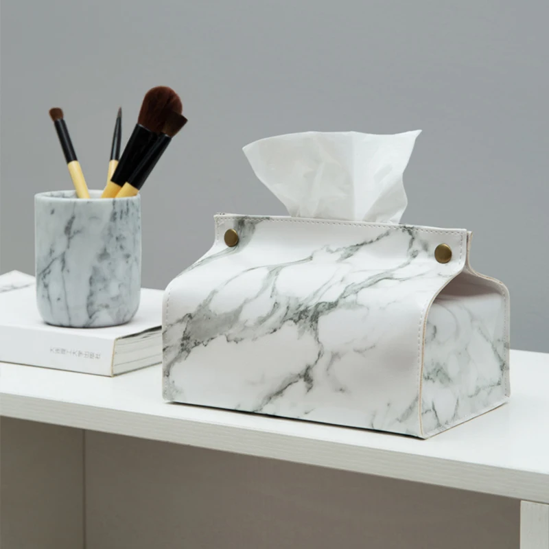 Container PU Leather Tissue Case Box  Marble Pattern Napkin  Holder Papers Bag Cosmetic   Pouch Organizer