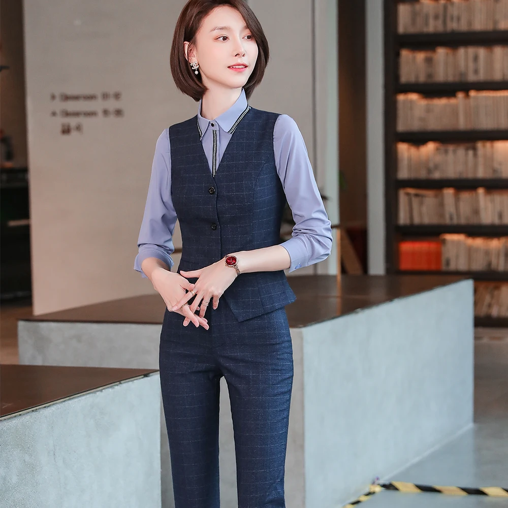 Women Slim S-4XL Pant Suit Sleeveless Gray Blue Plaid Vest Blazer and Trousers Two Pieces Set for Office Ladies Work Wear