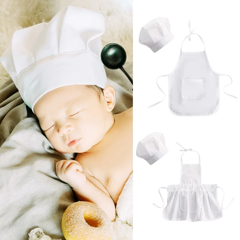 Infant Baby White Chef Costume Kitchen Hat and Apron Set Cosplay Newborn Photography Props Uniform Cooking Wear Outfits Dropship