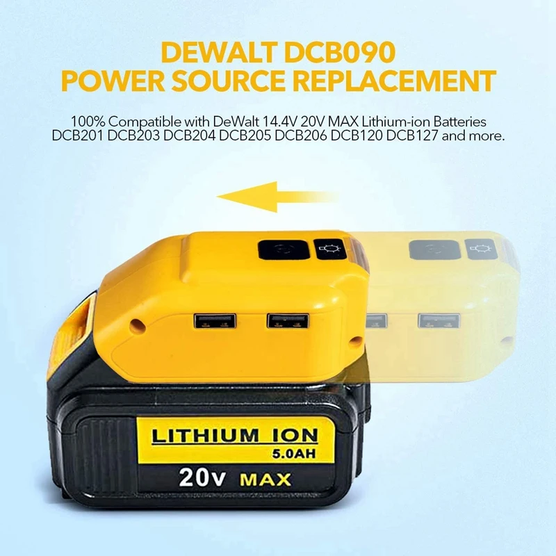 DCB090 Battery Adapter Converter Battery Power Source with Dual USB for Dewalt 20V Max 18V Lithium-Ion Batteries