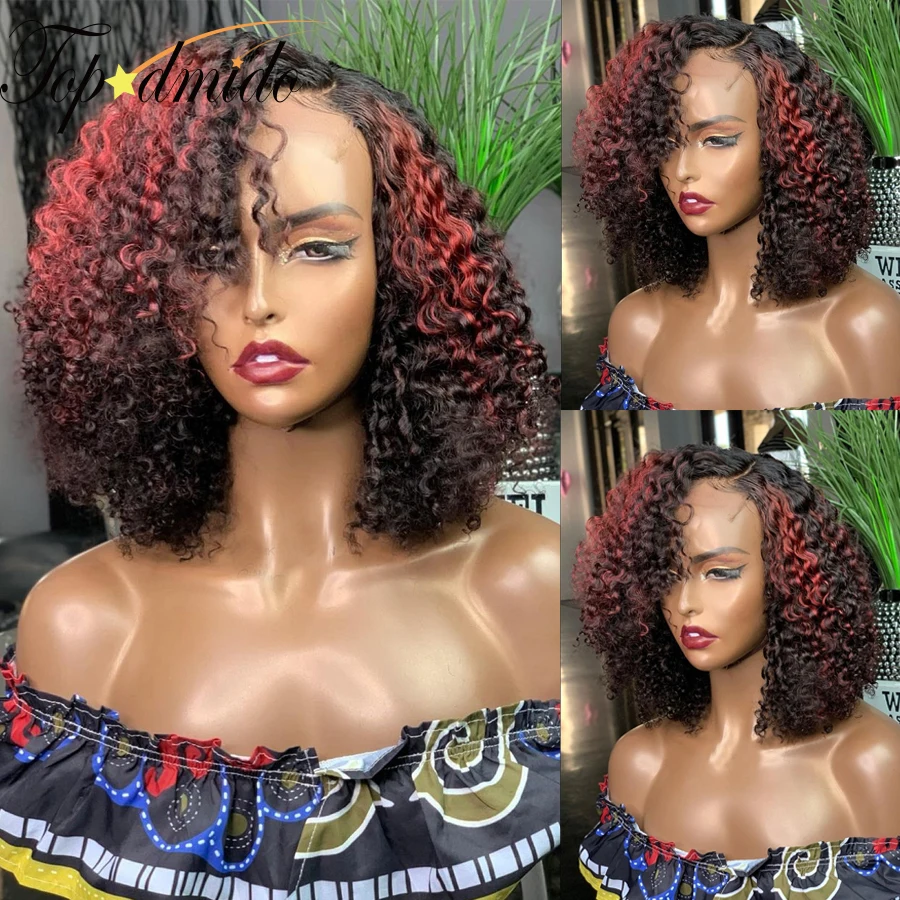 

Topodmido Brazilian Hair Curly Lace Front Wigs With Baby Hair 13x1x6 T Part Red Highlight Lace Front Human Hair Wig 150 Density