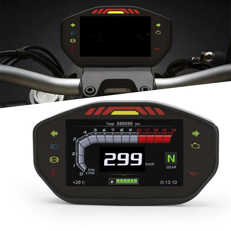 

ELING New LCD Digital Motorcycle Speedometer 0-299km/h Rev Counter Odometer 14000RPM 6 Gear 24H Clock for 2 4 Cylinders