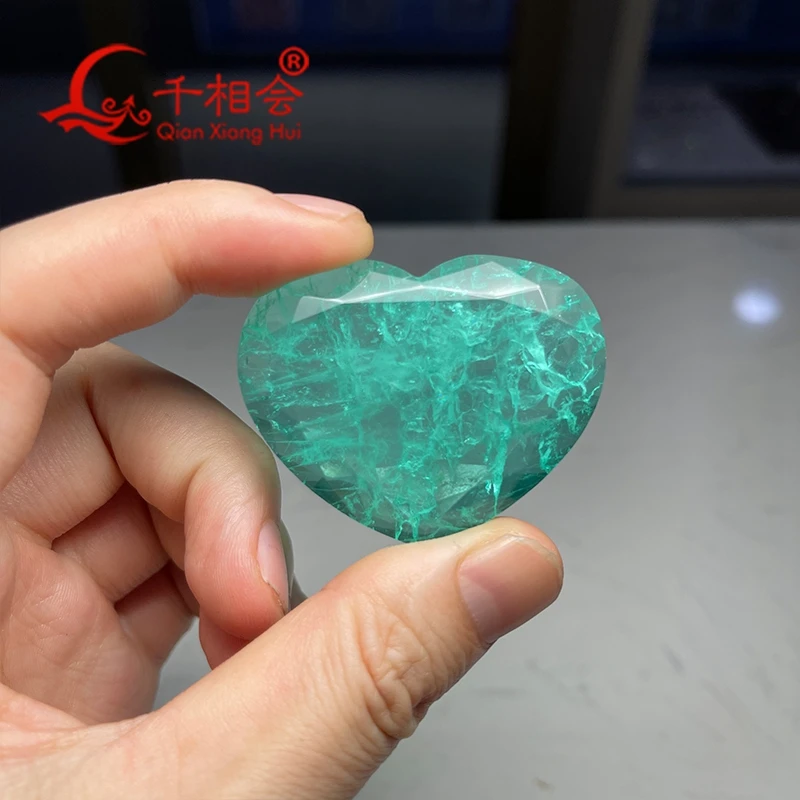 Natural White Crystal Heart Shape Gemstone 40x50mm with Glass Green Paraiba Color Loose Stone for Jewelry Making