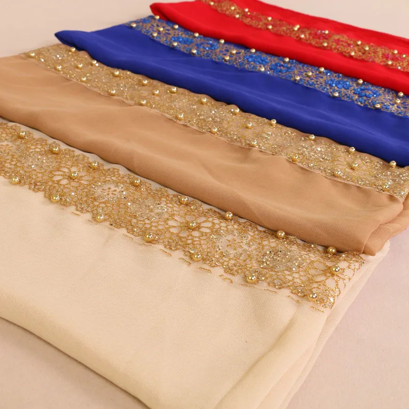 Muslim Chiffon Hijab Beaded Femme Musulman Gold Diamonds Sequins Long Scarf Hijabs Hoofddoek Fashion Plain Turban Foulard Laven