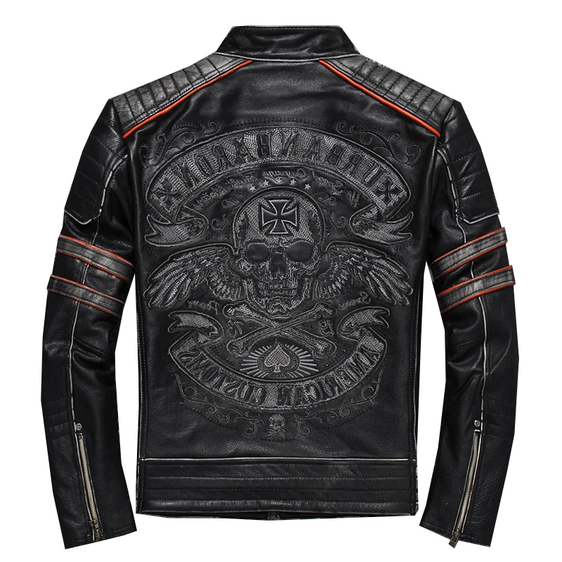 2020 Vintage Black Men's Genuine Leather Jacket Skull Embroidery Pattern Plus Size XXXL Real Cowhide Biker's Coat FREE SHIPPING