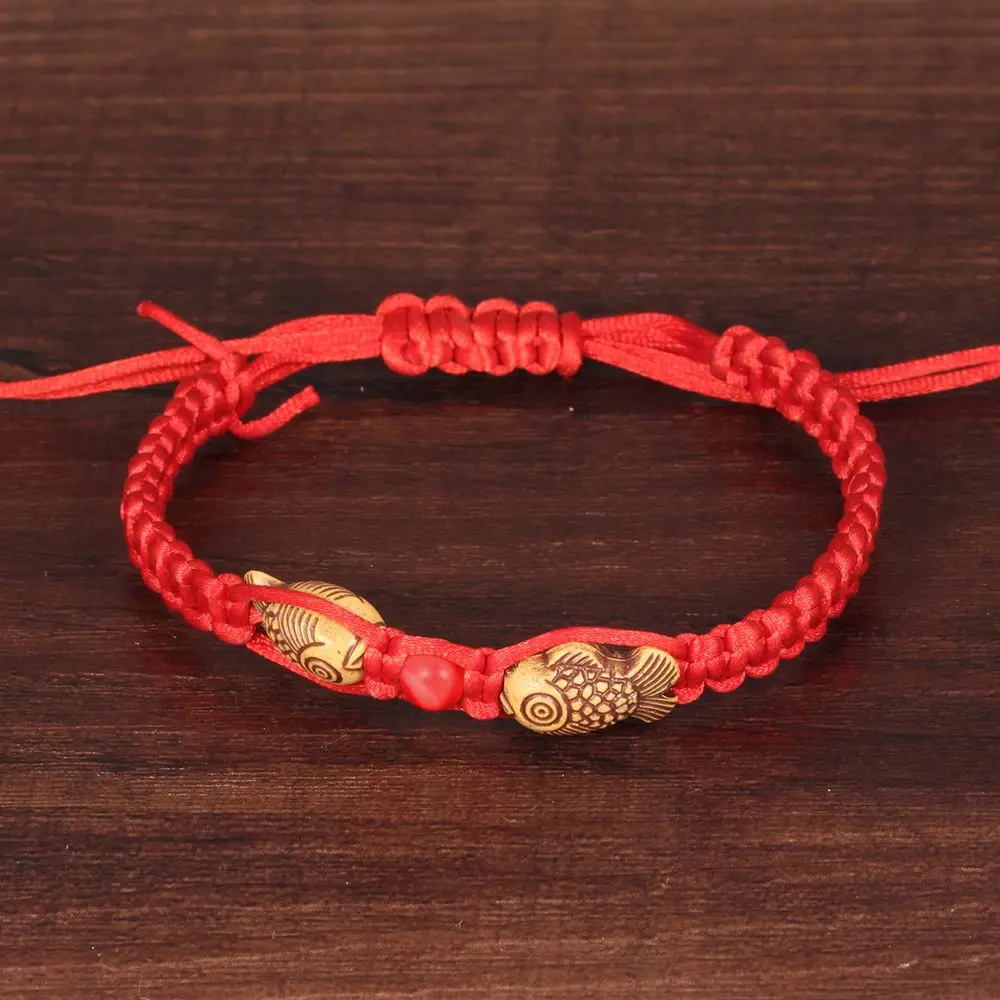 Feng Shui Red String Double Fish Lucky Wooden Twin Charm Bracelet Red Thread For Good Luck Wealth Handmade Chinese Jewelry