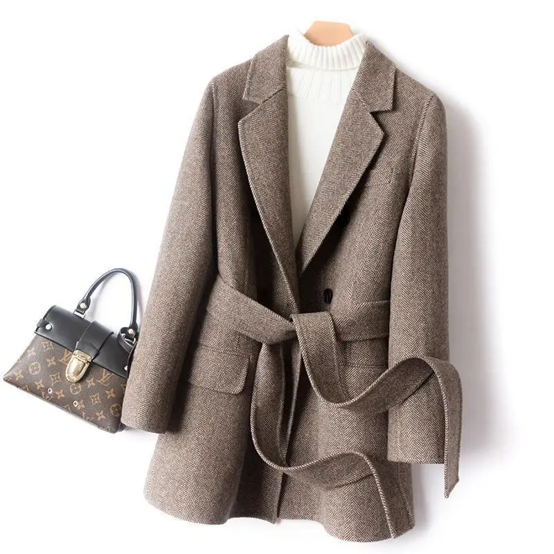 Korean Herringbone Suit Collar Woolen Coat Fall/Winter Slim Plaid Women Clothing Vintage Thickened Elegant Woolen Overcoat Women