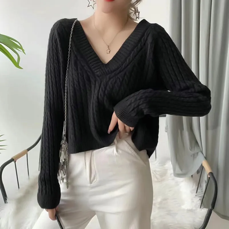 Lazy Style V-neck Twist Profile Pullover Sweater Women Autumn/winter New Style Thin Outer Wear Long-sleeved Knitted Top Women