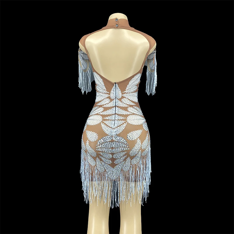 Shining Silver Crystals Fringes Bodysuit See Through Birthday Celebrate Mesh Outfit Party Dance Female Singer Show