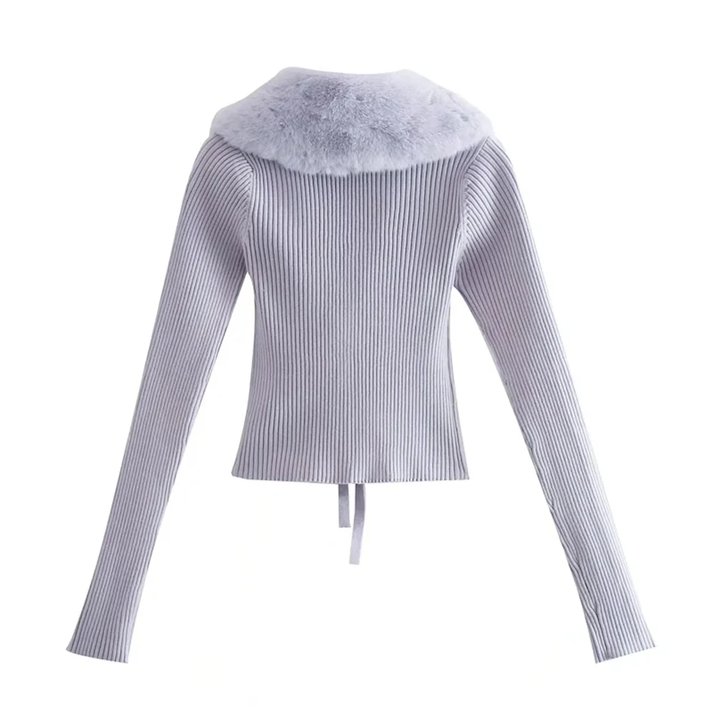 XEASY 2021 Women Vintage Solid Streetwear Removable Fur Collar Sweater Female Sweet Knitted Cardigan V Neck Slim Short Tops