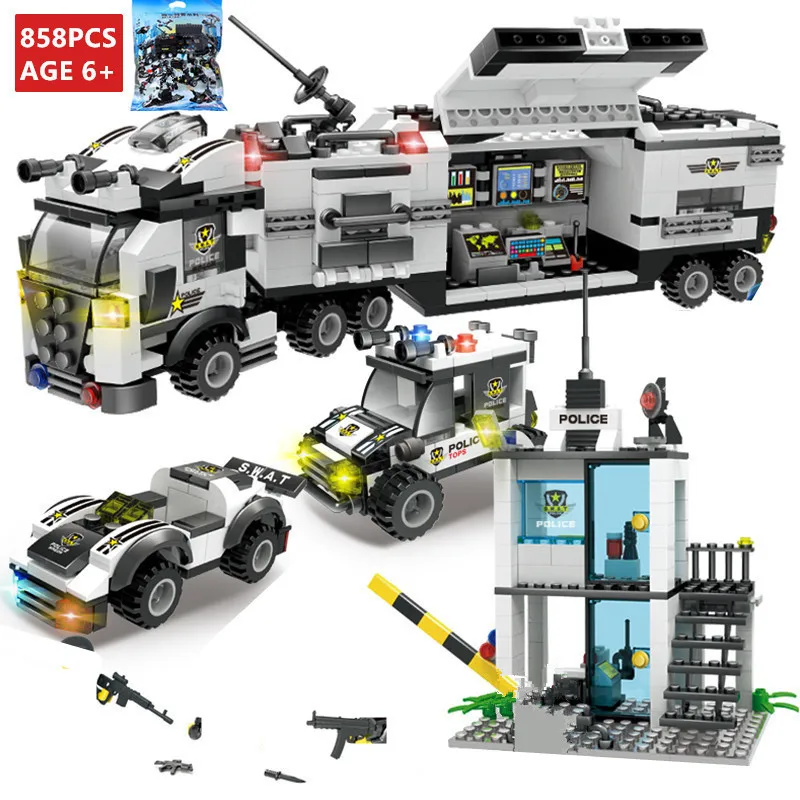 858Pcs City Police SWAT Command Vehicle Truck Building Blocks Sets Brinquedos Assembling Bricks Educational Toys for Children